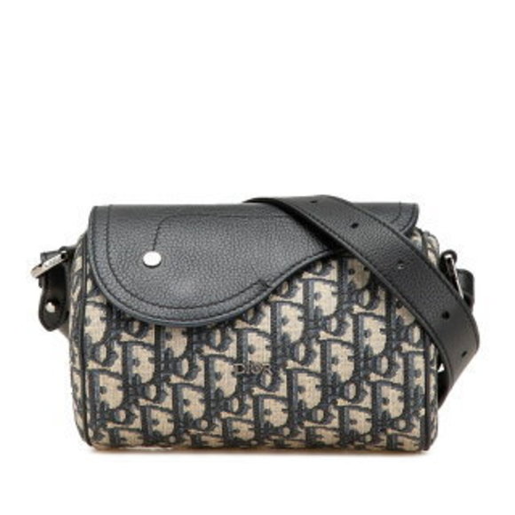 Dior Oblique Saddle Roller Crossbody Navy Blue Beige Canvas Leather - Picture 1 of 8